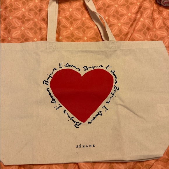 NWOT - Sezane Bonjour L’Amour Heart Canvas Cream Tote Bag - Picture 3 of 4